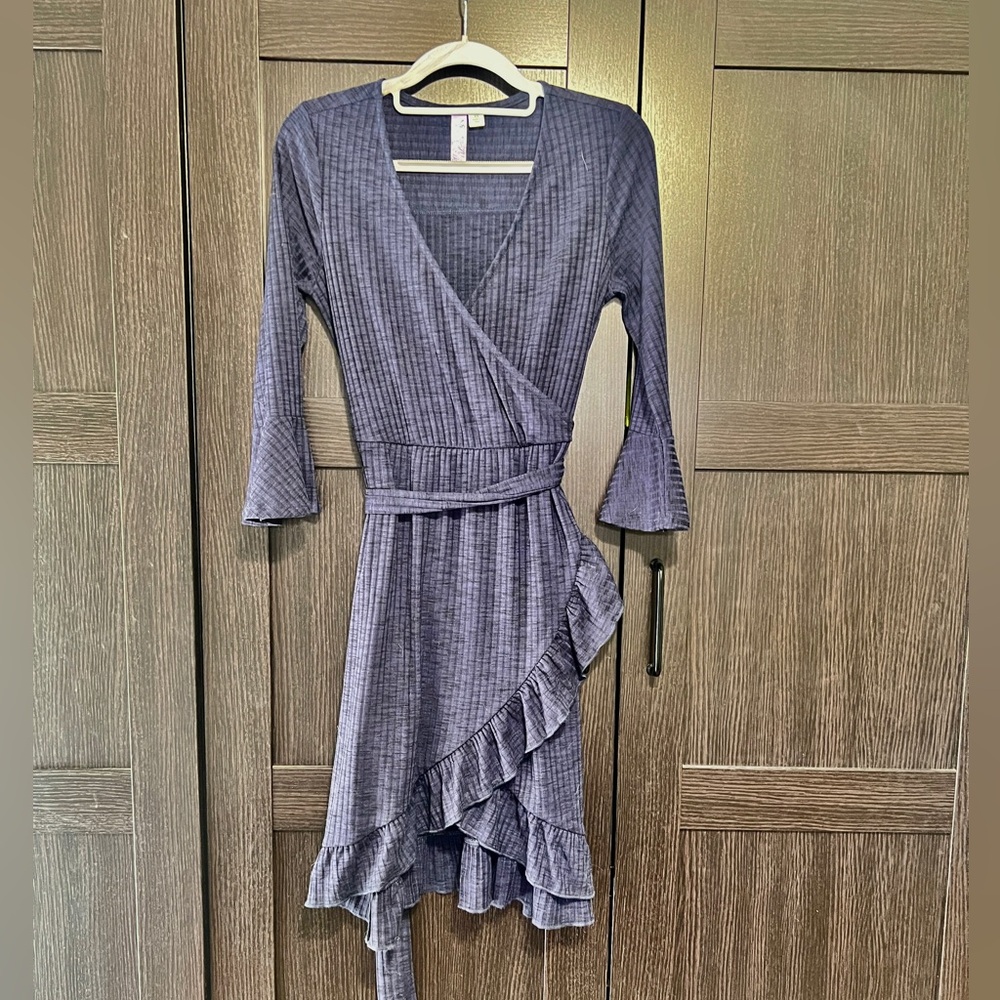 Alya Blue Fit and Flare Wrap Dress with Bell Sleeves